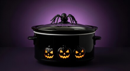 Halloween themed slow cooker with spider and jackolanterns on a purple background