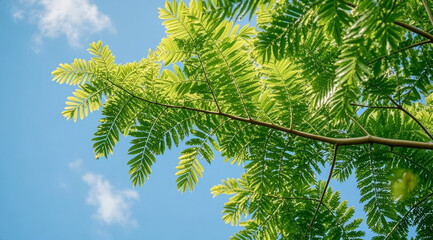 Green Leaves and New Buds in Spring/Summer, Blue Sky with White Clouds, Fresh Natural Background