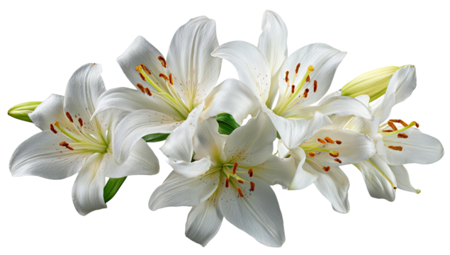Close-up of a cluster of white lilies.  Soft, elegant blossoms with intricate details.  Creamy white petals surround a central cluster of orange-red stamens