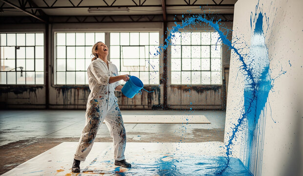 An artist in a messy, paint-splattered studio throws a bucket of blue paint at a large white canvas, a dynamic and expressive act of creating abstract art.