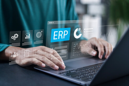 ERP data to analyze marketing. Enterprise resource planning, company productivity and improvement. Businessman using ERP software system on computer laptop.