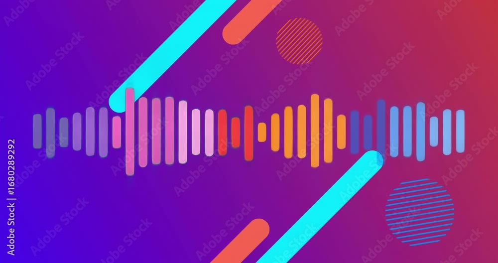 Poster diagonal bars sliding in triggers waveform bars pulsing and shifting colors to visualize audio
