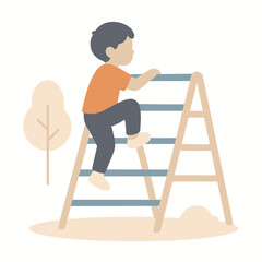 Child climbing jungle gym structure in playground, flat 2D vector