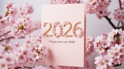 Elegant 2026 New Year greeting card surrounded by delicate pink cherry blossoms, perfect for seasonal celebrations and springtime themes.