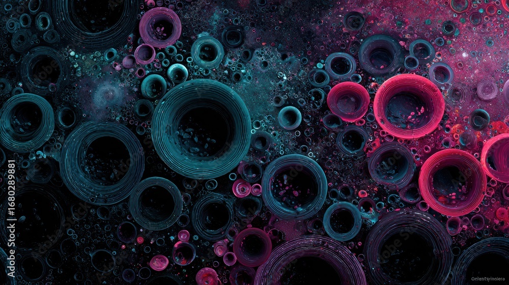 Aufkleber exploring vibrant abstract formations with circles and bubbles in a colorful cosmic design