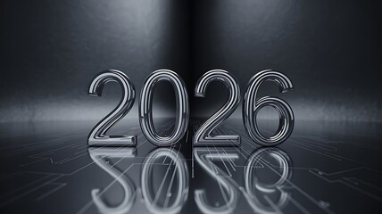 Stunning chrome 2026 numbers gleam on a digital circuit board reflecting a futuristic vision of progress and innovation.