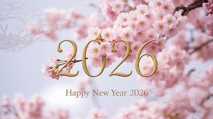 Welcome the New Year with stunning cherry blossoms and elegant gold text, celebrating 2026 with a touch of springtime beauty and fresh beginnings.