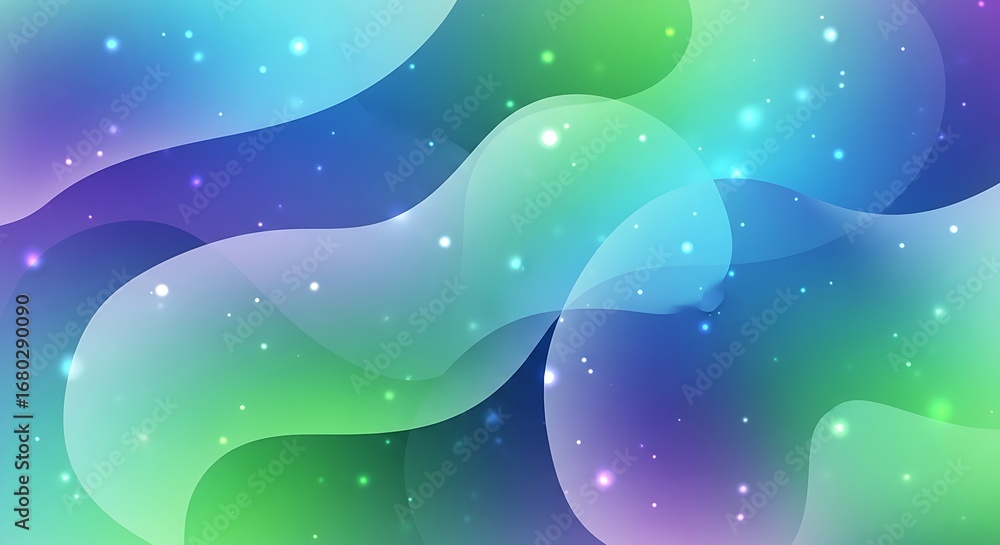 Poster colorful abstract fluid shapes with sparkling lights on a gradient background