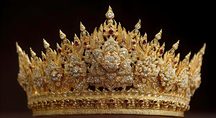 Fototapeta premium A beautifully crafted golden crown adorned with intricate designs and jewels, symbolizing royalty and cultural heritage.