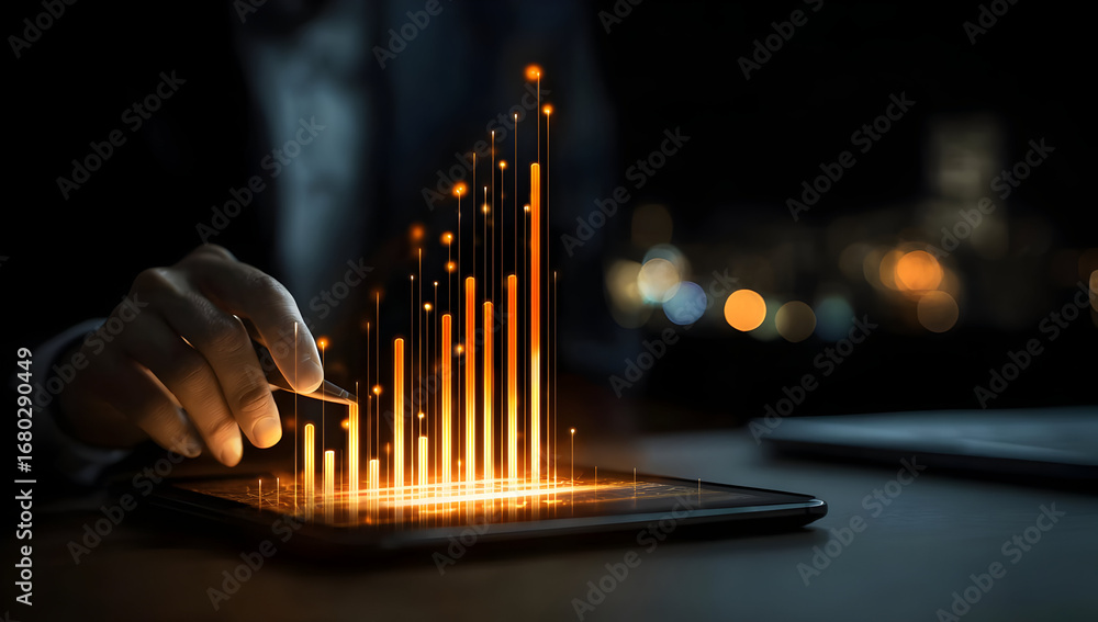 Poster a businessman interacts with a digital interface showcasing glowing data graphs, symbolizing growth 
