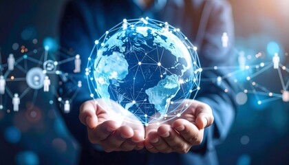 someone holding a globe in their hands with a lot of connections