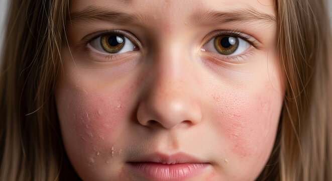 Close-up of a Young Girl with Red Cheeks and Eczema or Dermatitis Skin Condition