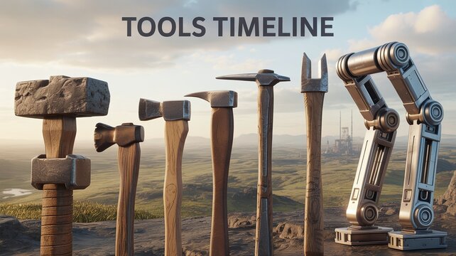 Tools Timeline Evolution of Hand Tools from Ancient Stone Hammer to Modern Robotic Arm on a Hill Landscape