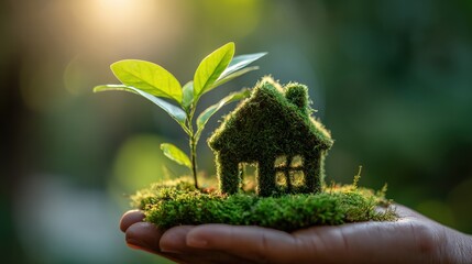 Eco-friendly house in hand: A person's hand cradles a miniature eco-friendly house, symbolising sustainable living, renewable energy, and a commitment to a green future. Generative Ai