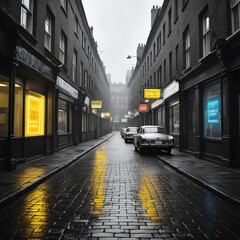 Obraz premium Vintage Cars on Wet Cobblestone Street in London England after Rain with Neon Signs and Dark Buildings Creating Atmospheric Mood