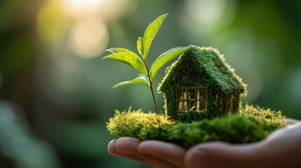  A nurturing hand cradles a miniature house covered in verdant moss, a sapling growing from its roof, evoking concepts of sustainability, environmentalism, and eco-consciousness. Generative Ai