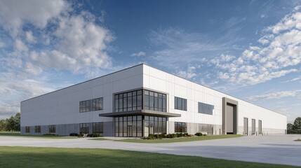 Obraz premium Modern industrial warehouse building with large loading bay doors under a cloudy sky