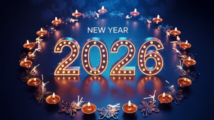 Celebrate the arrival of New Year 2026 with dazzling marquee numbers and festive sparklers creating an unforgettable, magical holiday atmosphere