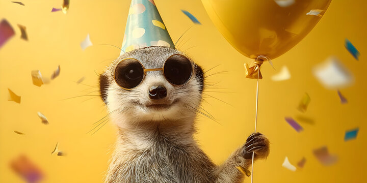 A cheerful meerkat wearing sunglasses and a party hat, holding a yellow balloon amid colorful confetti celebrations.