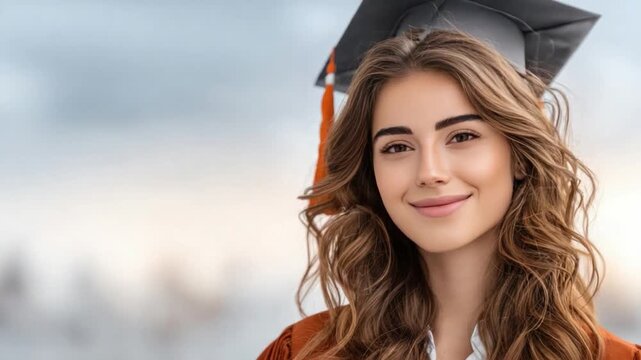 Dream Achieved: A graduate, bathed in a soft, dreamy light, stands poised in academic attire, radiating a sense of accomplishment, against a backdrop of an ethereal sky.