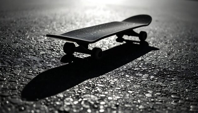 A skateboard resting on asphalt, bathed in sunlit shadows