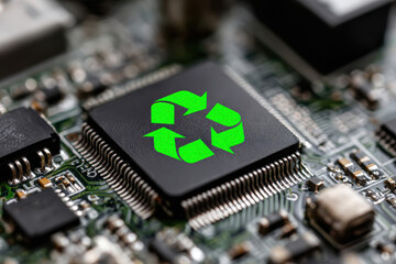 A macro of computer chip with recycling green symbol on it
