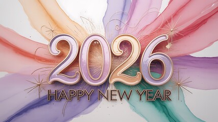 Celebrate the arrival of 2026 with this vibrant, modern Happy New Year design featuring sparkling accents and flowing watercolor elements for festive occasions