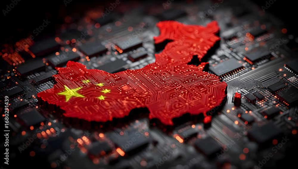 Poster a close-up of a microchip featuring the outline of china, symbolizing technology and innovation in t