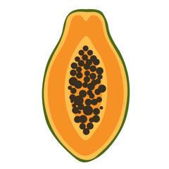 Half cut papaya fruit isolated on white background, showing black seeds, tropical fruit rich in vitamins and nutrition.

