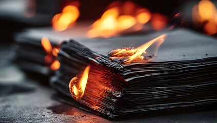 A close-up of burning books, symbolizing censorship and the destruction of knowledge in a striking visual narrative.
