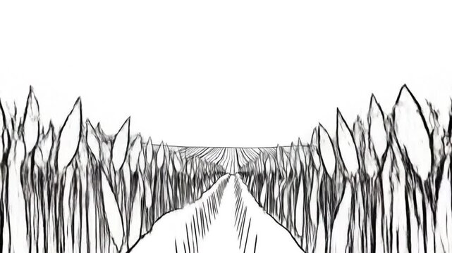 A monochrome illustration of a vast, tranquil field with rows of crops, a few trees, and a sense of spaciousness.