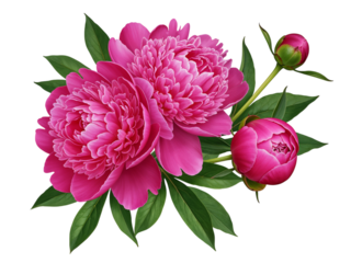 Vibrant pink peony flowers with buds and green leaves isolated on a for botanical beauty transparent background