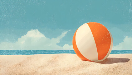 Obraz premium A colorful beach ball resting on sandy shore, with the serene ocean and a blue sky in the background, perfect for summer vibes.