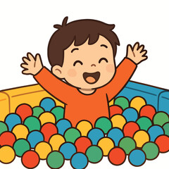 Obraz premium Child playing in colorful ball pit, flat 2D cartoon vector illustration
