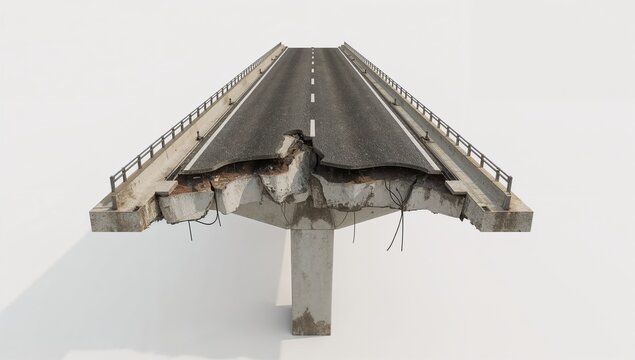 A structural failure of a highway bridge, with visible damage.