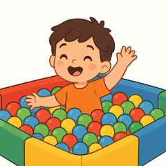 Obraz premium Happy child smiling in indoor ball pool, cute pastel flat cartoon design