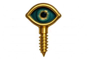 Golden screw with embedded eye watching, isolated on transparent background, creating a surreal and intriguing visual
