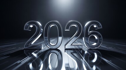 Stunning 2026 metallic numbers reflecting on a futuristic digital surface, ideal for future planning, tech advancements, and New Year celebrations