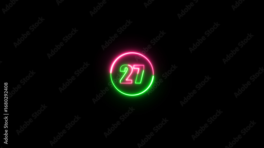Poster a dynamic circular and glowing neon number 27 on a black background.