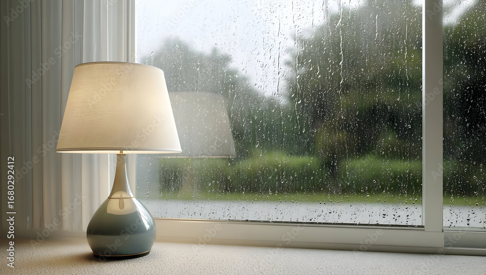 Poster a cozy lamp illuminates a window scene with raindrops, creating a tranquil atmosphere perfect for re