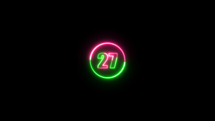 A dynamic circular and glowing neon number 27 on a black background.