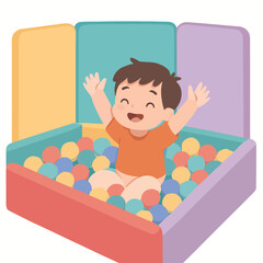 Naklejka premium Indoor playground ball pool with one child, flat cartoon vector design
