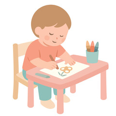 Naklejka premium Child coloring book at small table, cute 2D flat vector illustration