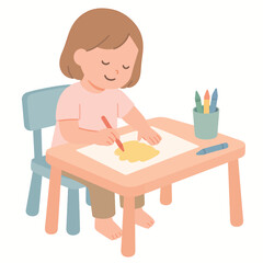 Naklejka premium Child painting in sketchbook at table, cartoon style flat illustration
