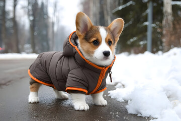 A cute corgi puppy wearing a stylish coat stands on a snow-covered path, capturing the essence of winter joy and companionship.