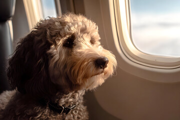 A cute dog gazes out of an airplane window, enjoying a journey in the sky with the clouds in view.