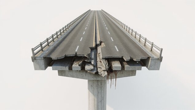 A stark depiction of infrastructural failure, a section of a highway bridge dramatically collapses, revealing exposed rebar and fractured concrete.