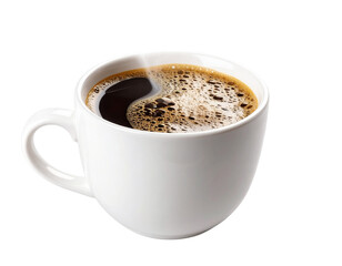 Obraz premium A hot cup of coffee with a rich, brown espresso and milk in a white mug isolated on a clean background