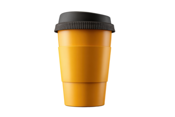 Yellow Travel Coffee Cup with Black Lid on Transparent Background