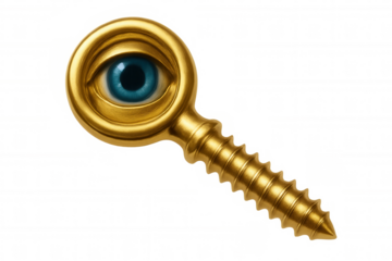Golden screw featuring piercing blue eye, symbolizing surveillance and security awareness against transparent backdrop